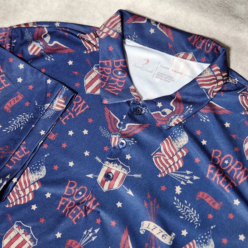 Ironwood Mens Patriotic Born Free Polo Shirt XL Navy Blue Eagle Flag‎ Golf USA